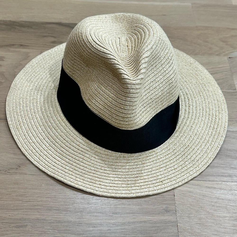 H & M Stylish Tan Fedora Straw Hat with Black Band